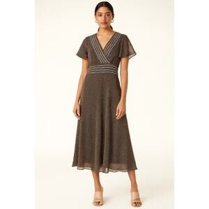 Vintage Adrianna Papell Silk Polka Dot Flutter Sleeve Midi Dress Brown 80s 90s